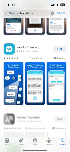 Wordly Translator in Apple Store Search