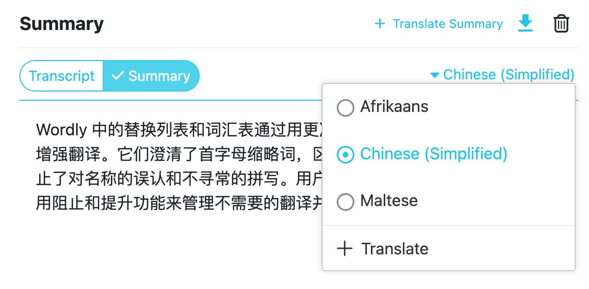 Summary language menu