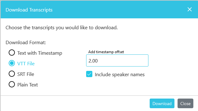 Download Transcripts Menu Offset Timestamp Box