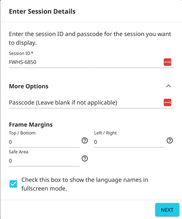 Wordly Display Enter Session Details