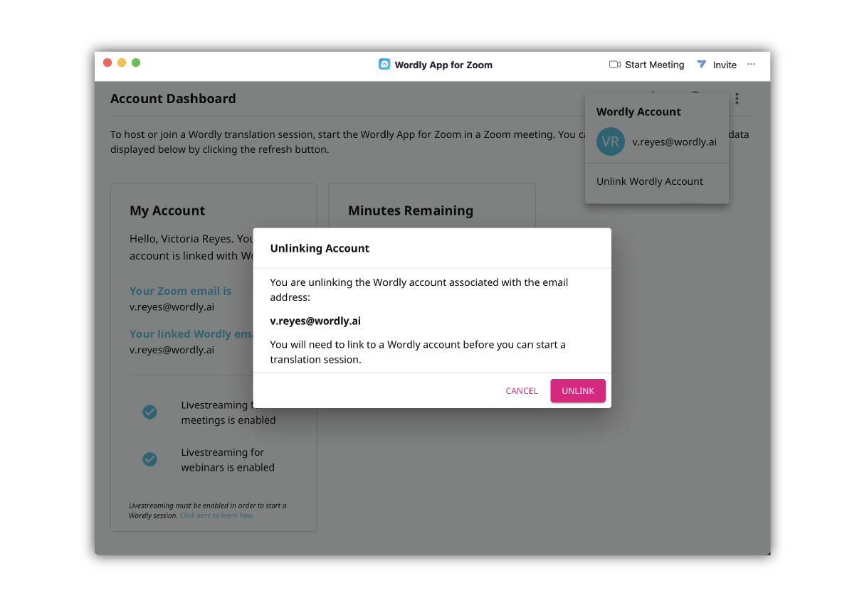 Unlink Wordly Account Confirmation